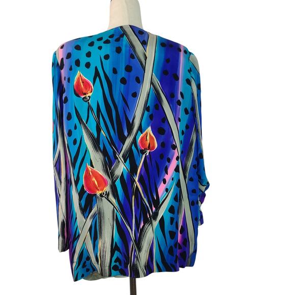Yolanda Lorente Vintage Blue Pink Teal BOHO Hand Painted Silk Shirt Jacket XL - Picture 3 of 5